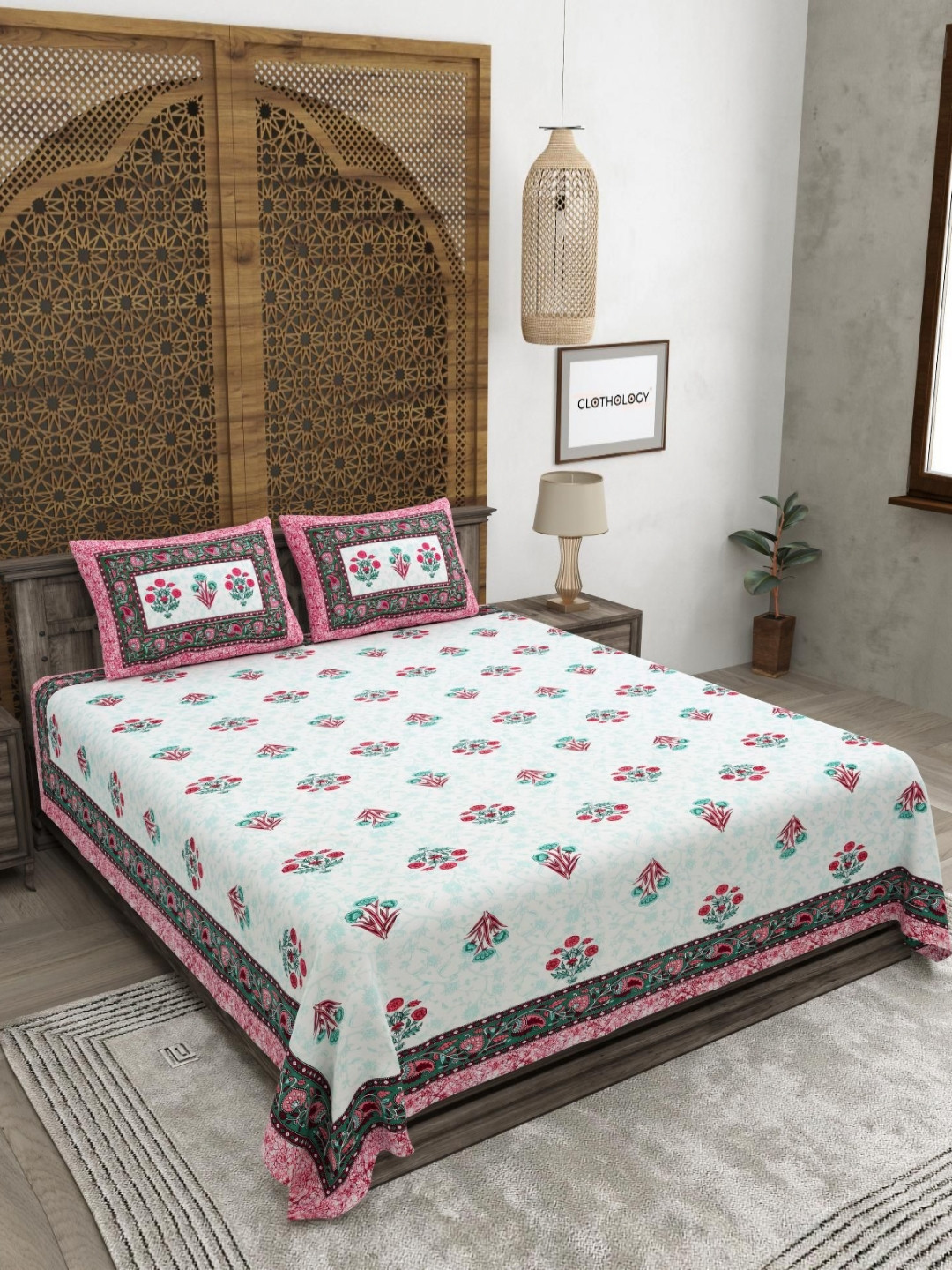 CLOTHOLOGY Rose Pink Floral Buta Virasat-e-Bagh 180 TC Cotton King Bedsheet with 2 Pillow Cover