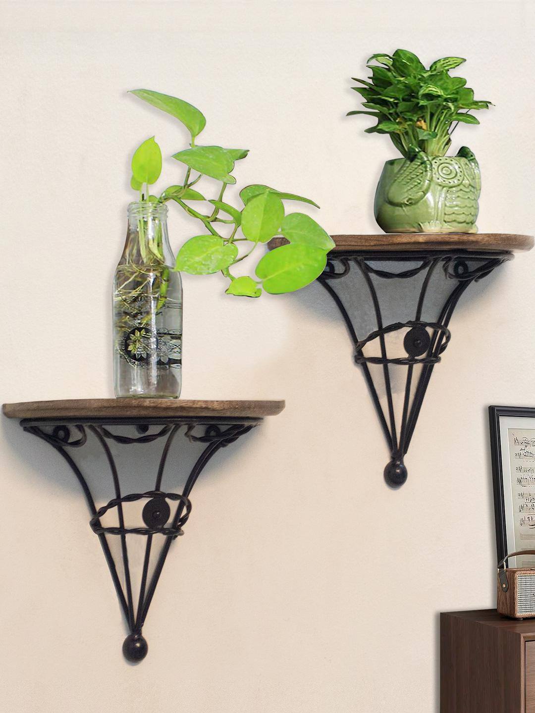 Decorcity 2 Pcs Wood & Iron Wall Hanging Floating Planter Shelf