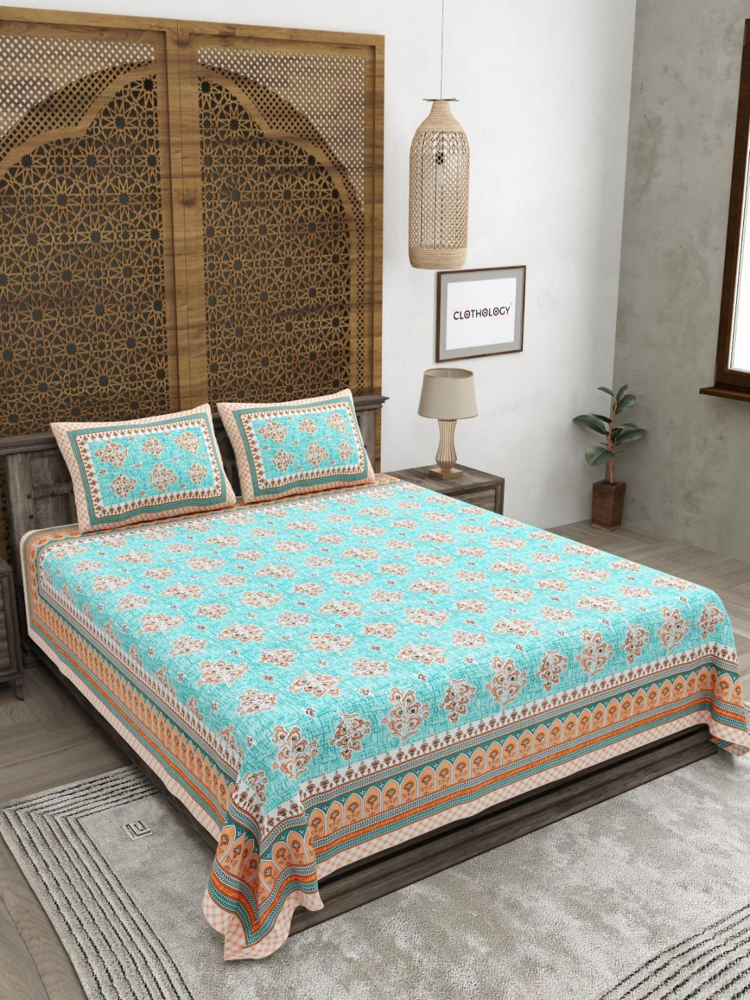 CLOTHOLOGY Turquoise Blue Floral Pure Cotton 180 TC King Bedsheet Set 2.75m x 2.25m