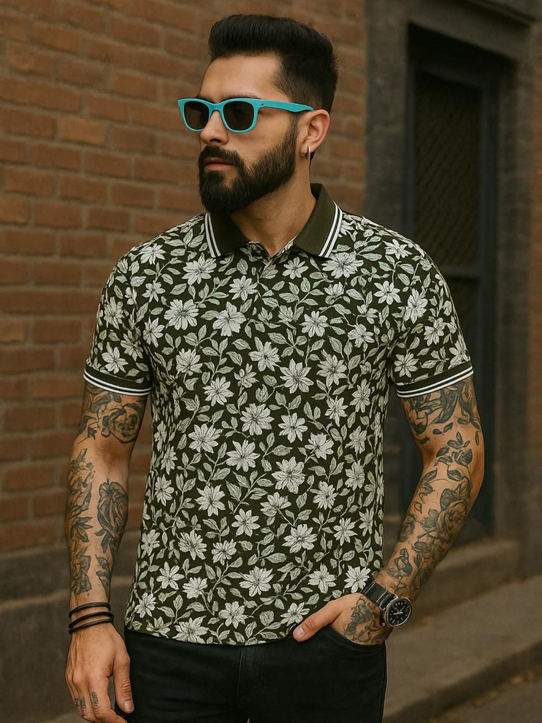 Austin wood Floral Printed Polo Collar Cotton T-shirt
