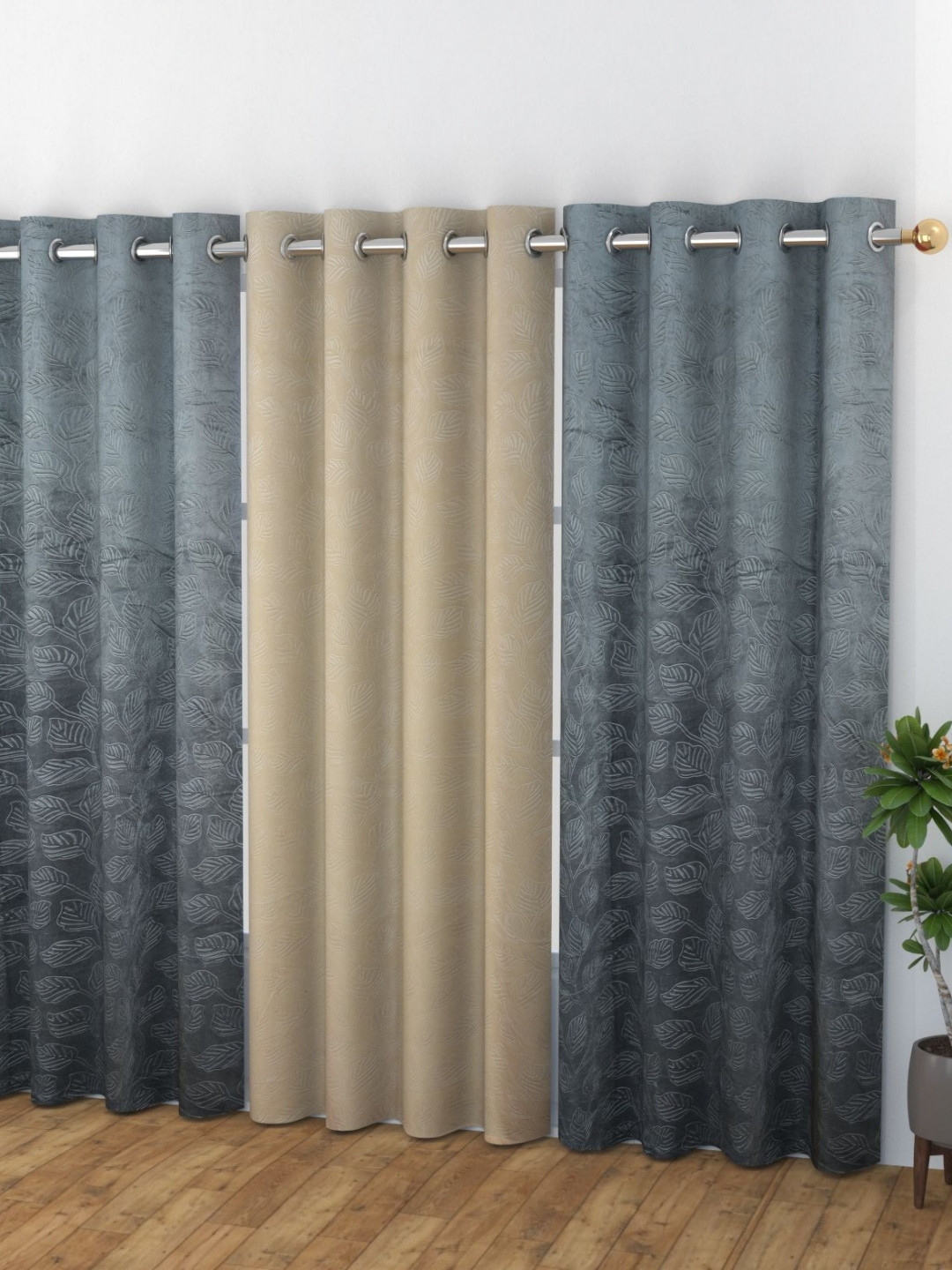 Banchmark Home Furnishings Haire Grey 3 Pcs Printed Velvet Long Door Curtains