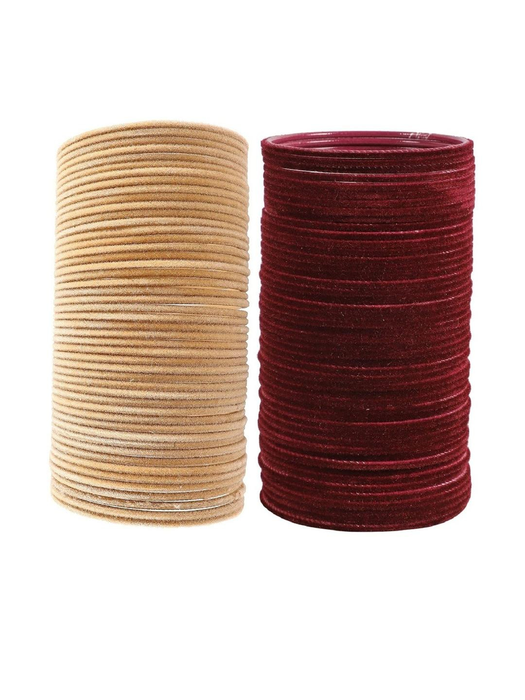 Guddan Set of 96 Golden & Maroon Metal Velvet Bangles