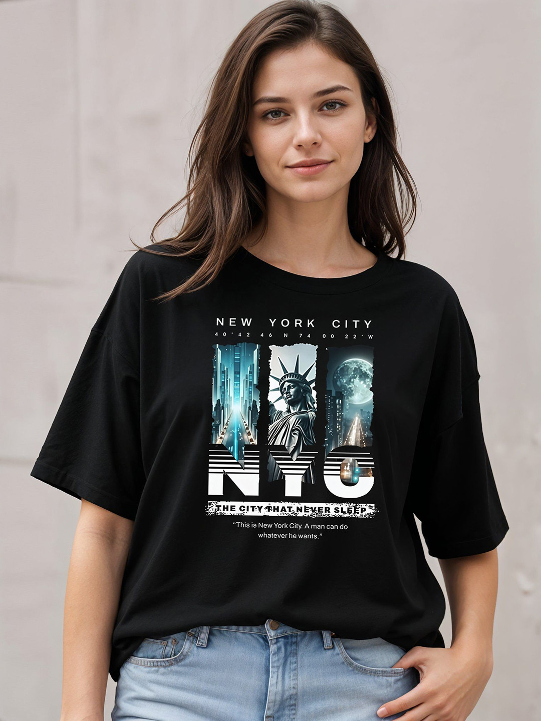 SMARTEES Graphic Printed Round Neck Drop-Shoulder Sleeves Cotton Oversized T-shirt