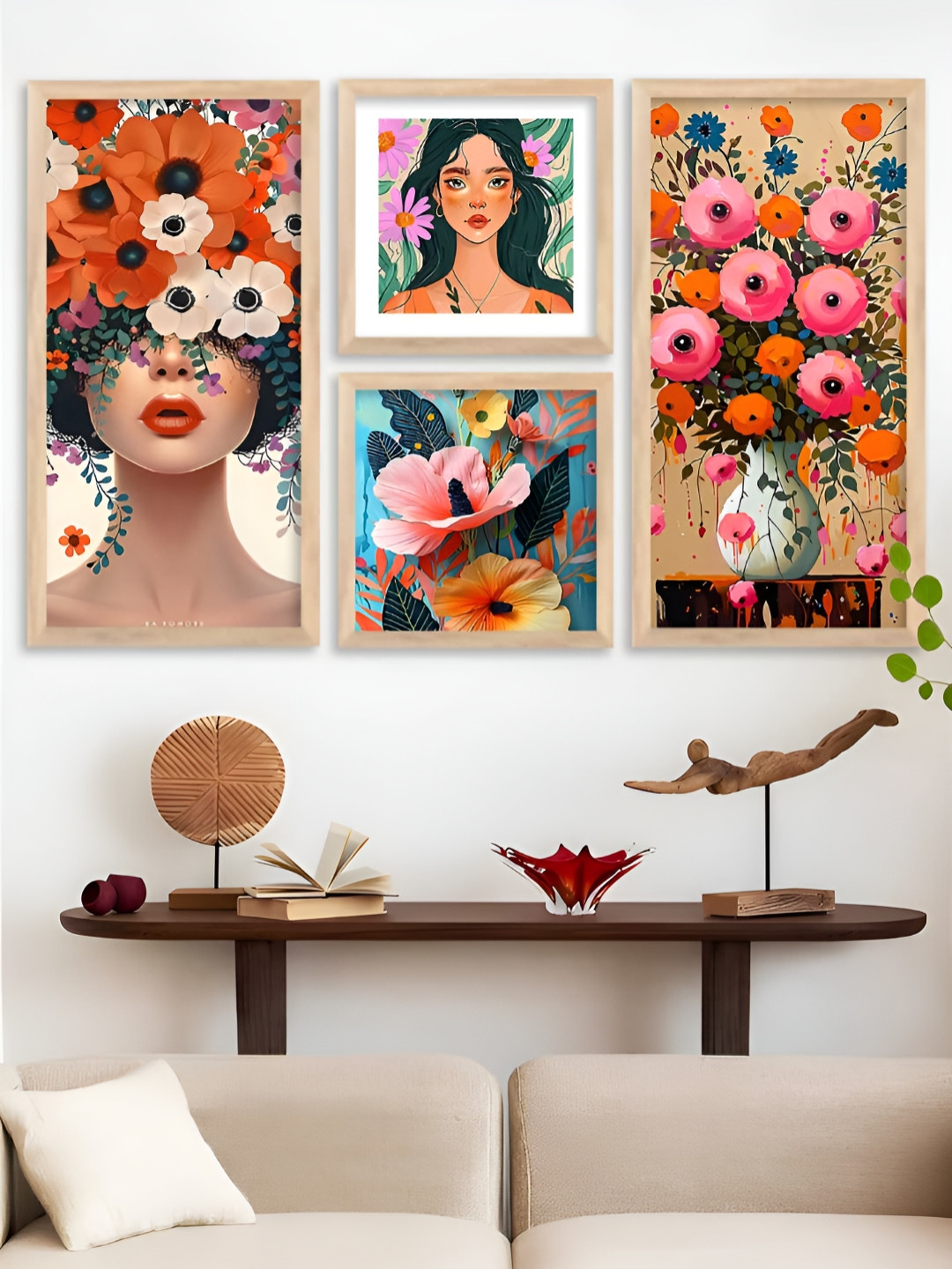 Kotart Brown & Pink 4 Pieces Floral And Botanical Wooden Wall Arts