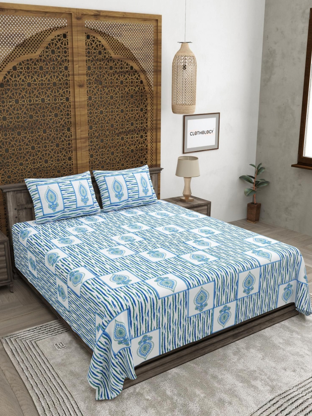 CLOTHOLOGY Blue & Green Floral Pure Cotton 180 TC King Bedsheet Set 2.75m x 2.25m