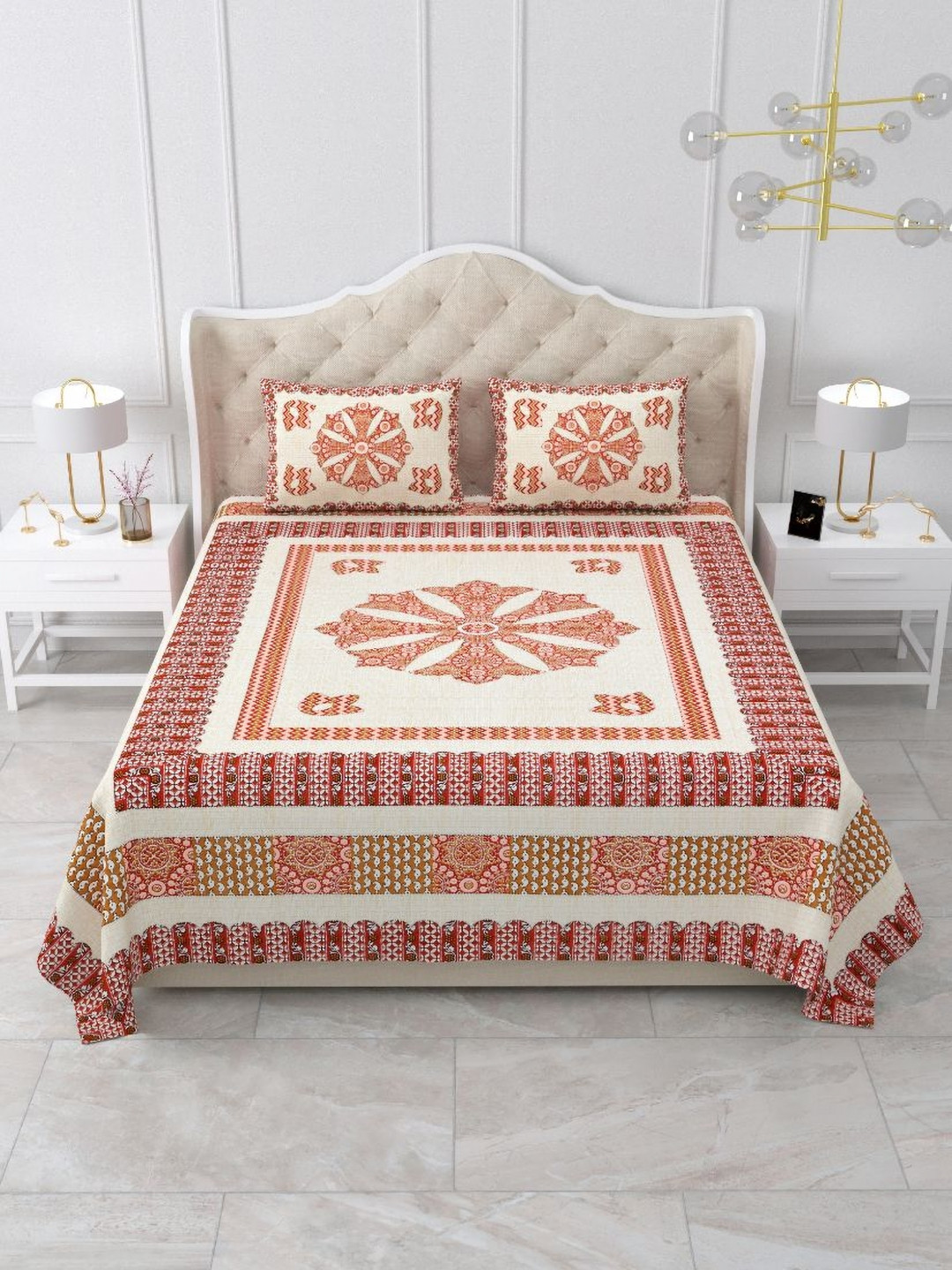 Qfab Red 180 TC Cotton Jaipuri King Size Bedsheet with 2 Pillow Covers