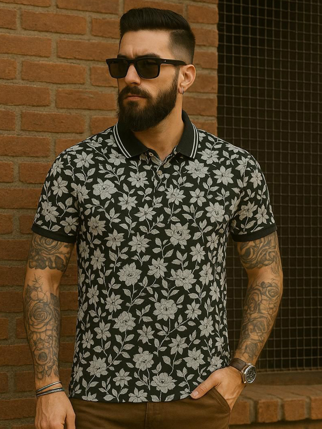 Austin wood Floral Printed Polo Collar Cotton T-shirt