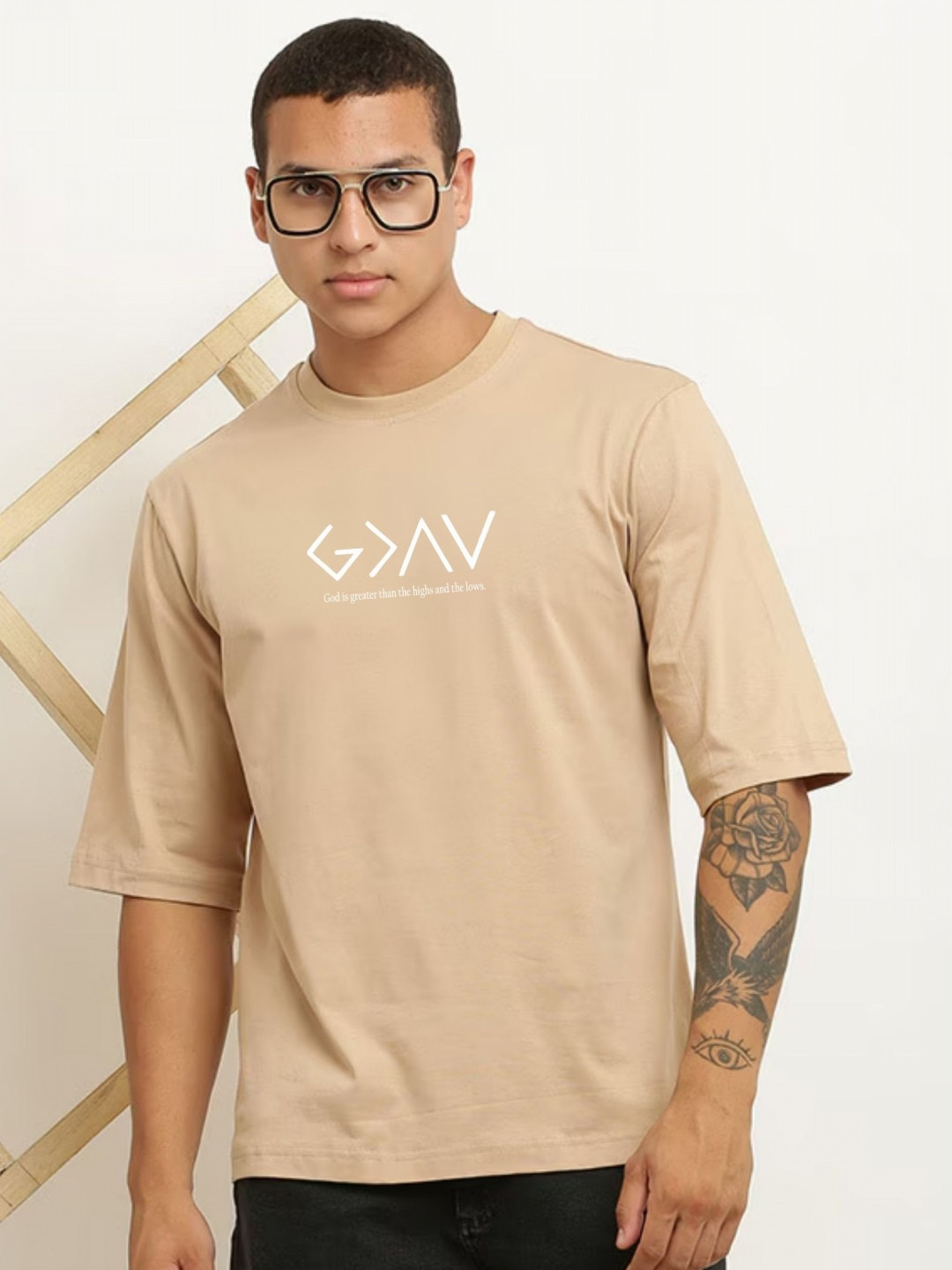 Beige Typography Printed Round Neck Regular Fit T-shirt