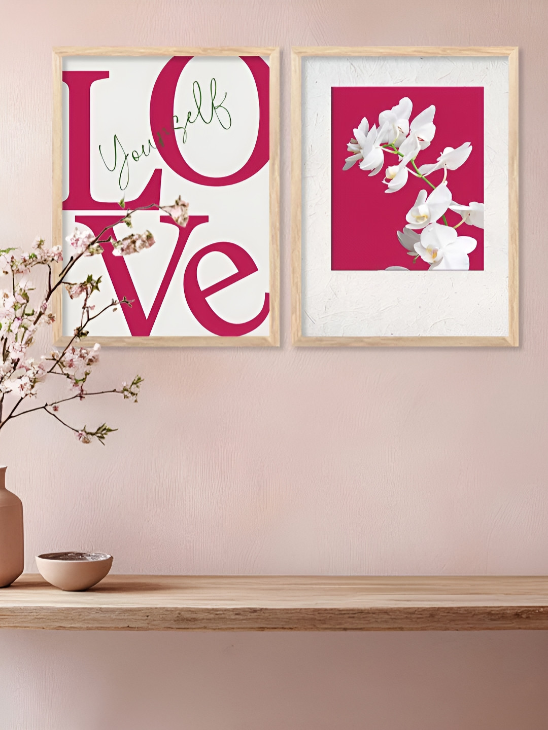 Kotart Brown & Pink 2 Pieces Typography Printed Wooden Portrait Wall Arts