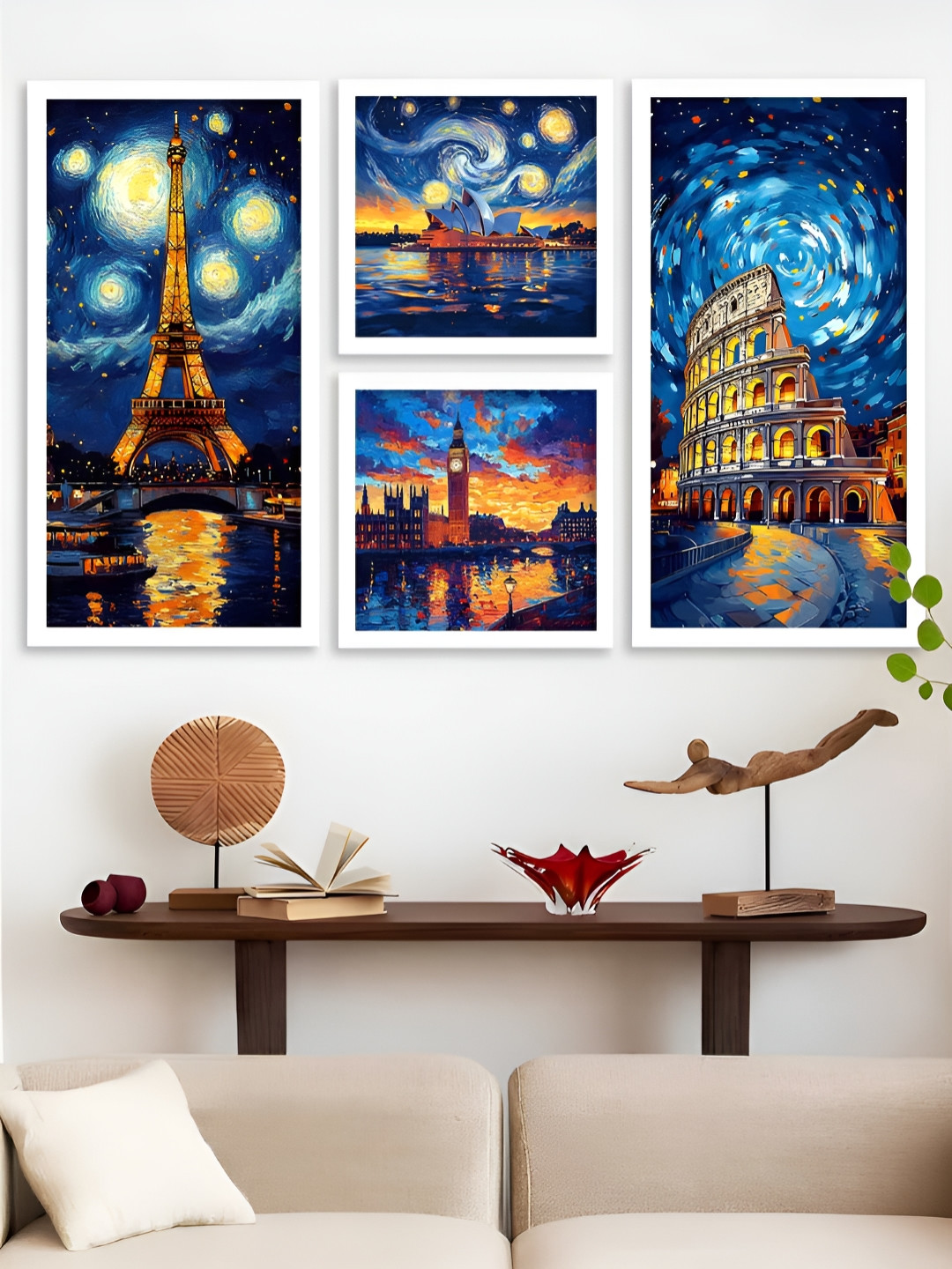 Kotart White & Blue 4 Pieces Contemporary Wooden Wall Arts