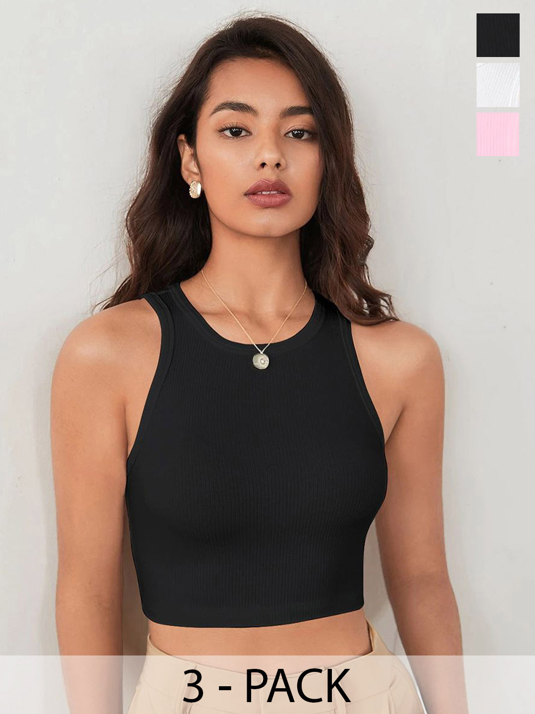 BAESD Pack Of 3 Lycra Sleeveless Stretch Fit Tank Crop Tops
