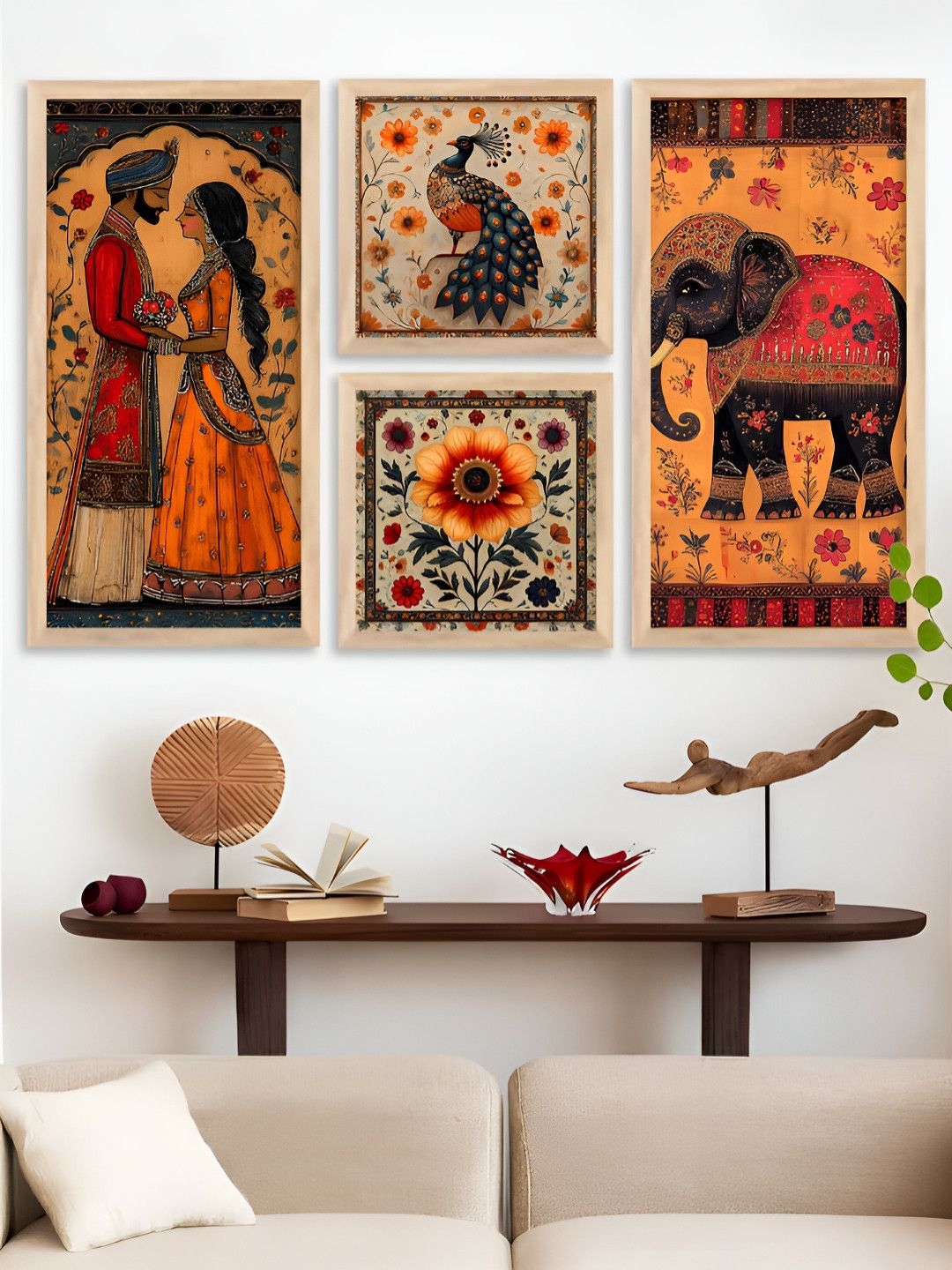 Kotart Brown, Red & Blue 4 Pieces Floral and Botanical Wooden Wall Arts