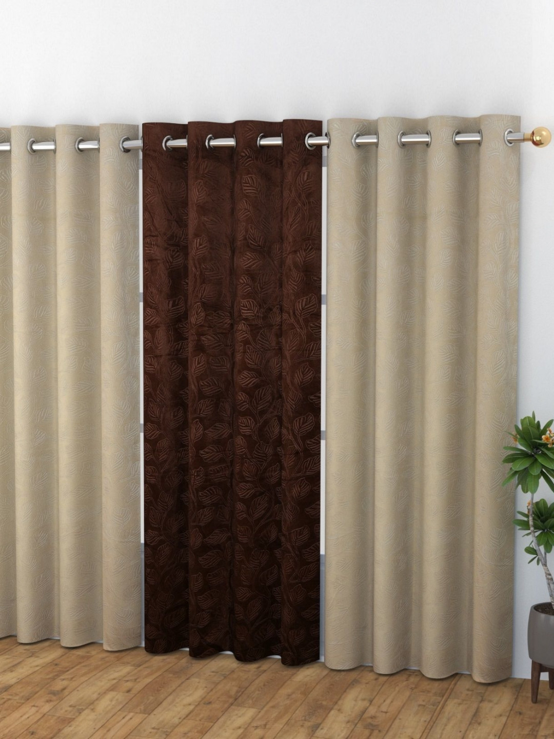 Banchmark Home Furnishings Haire Cream 3 Pcs Printed Velvet Long Door Curtains