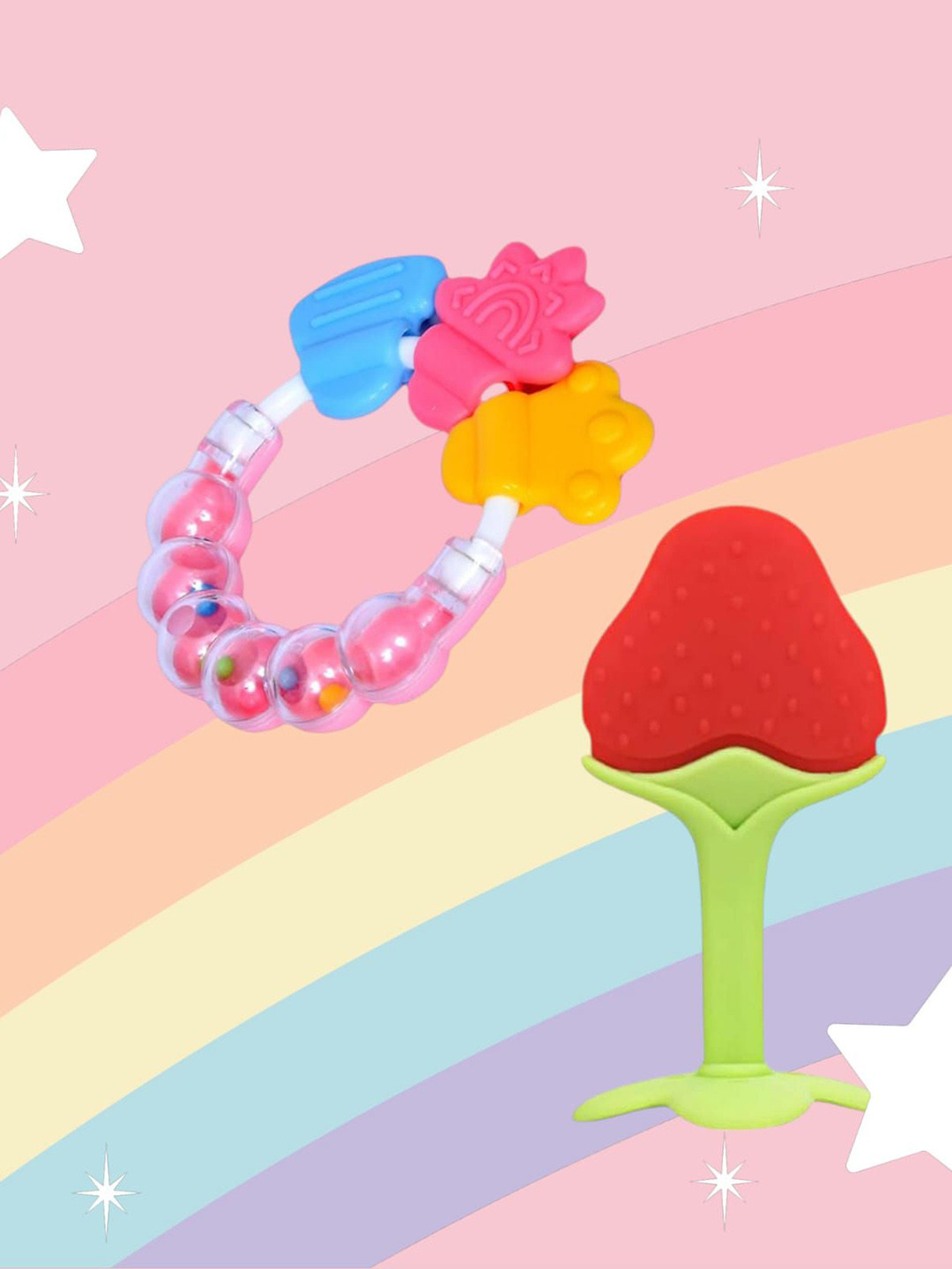 Joy Buzz Kids Set Of 2 Baby Rattle & Stand Teether - Pink & Red