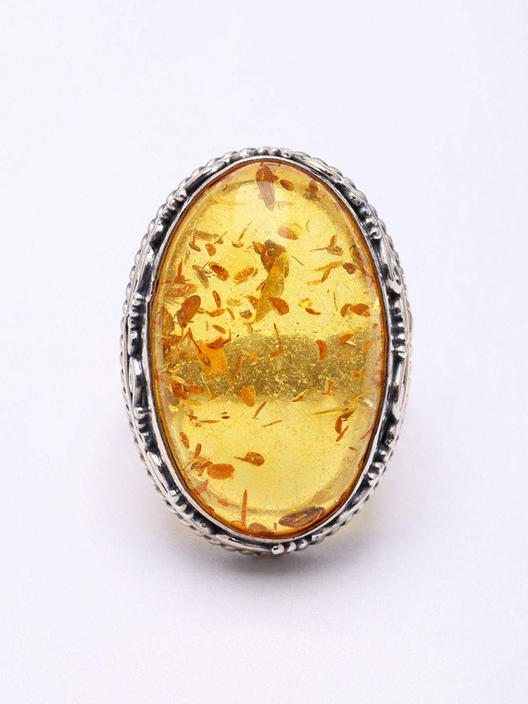 Exotic India Sterling Silver Oval Cut Baltic Amber Gemstone Stone Studded Finger Ring