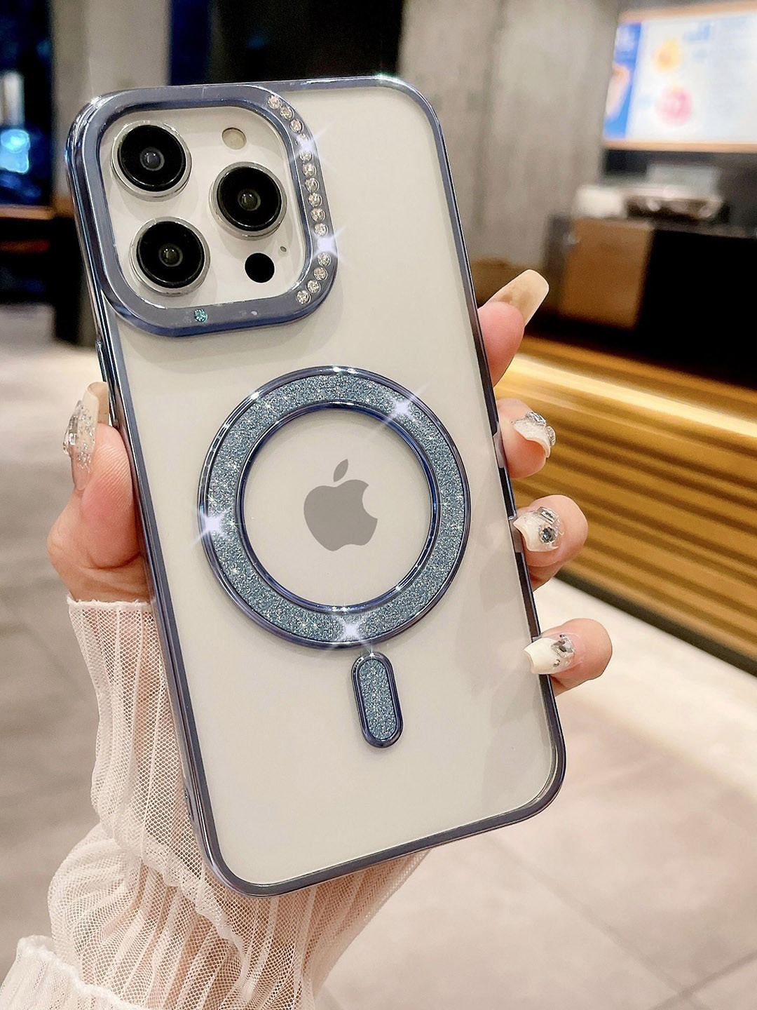 Luxury Kase Silicone Transparent Back Case for iPhone 15 Pro Max with Shimmer MagSafe Ring