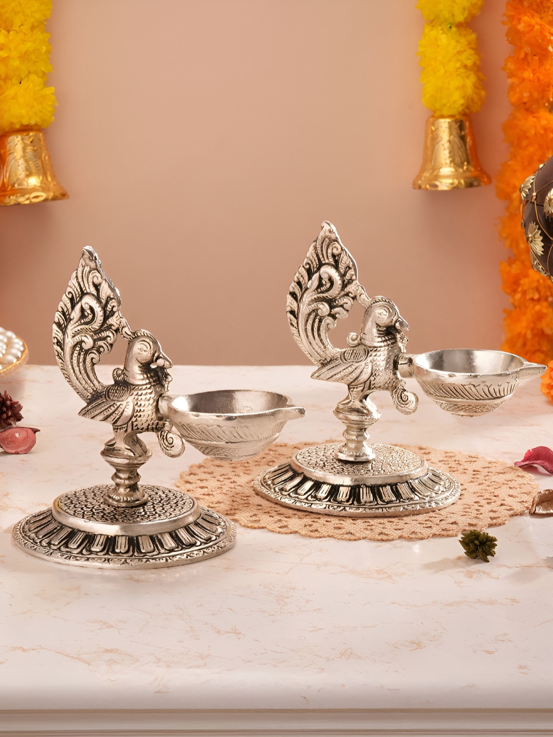 Homspurts 2 Pieces German Silver Peacock Glow Diyas