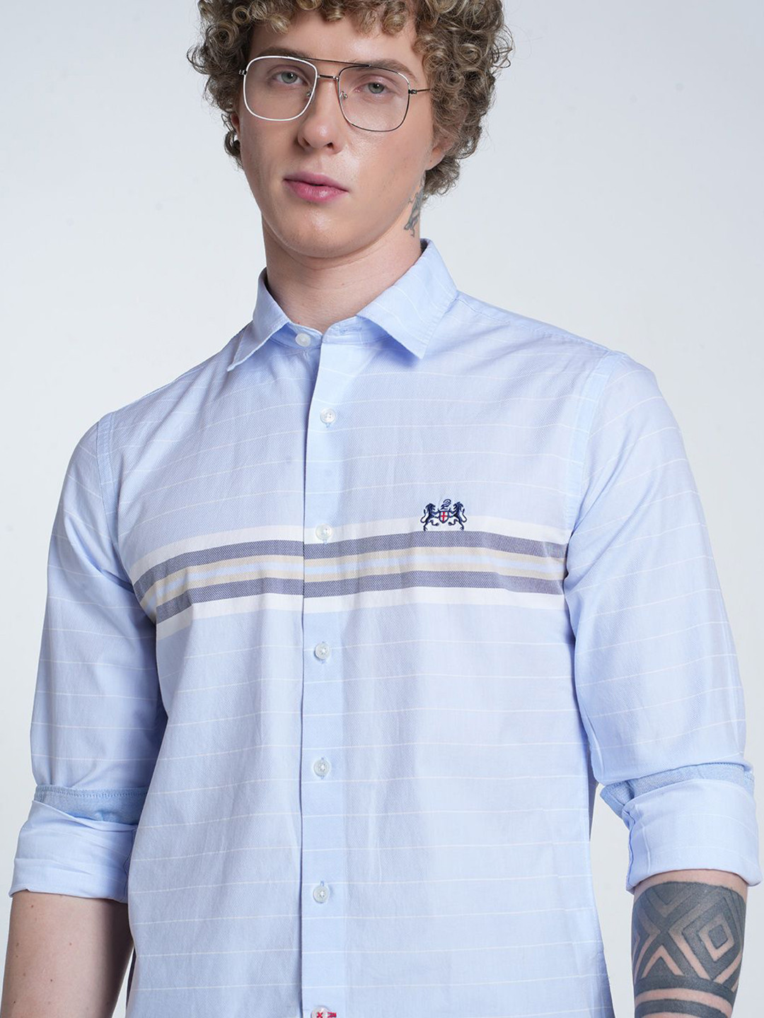 Double Two Men Classic Slim Fit Horizontal Striped Spread Collar Cotton Casual Shirt