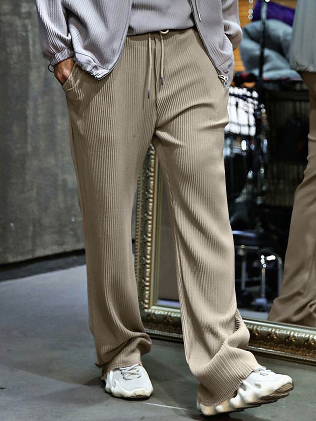 Khaki Loose Fit Easy Wash Textured Wide Leg Trousers