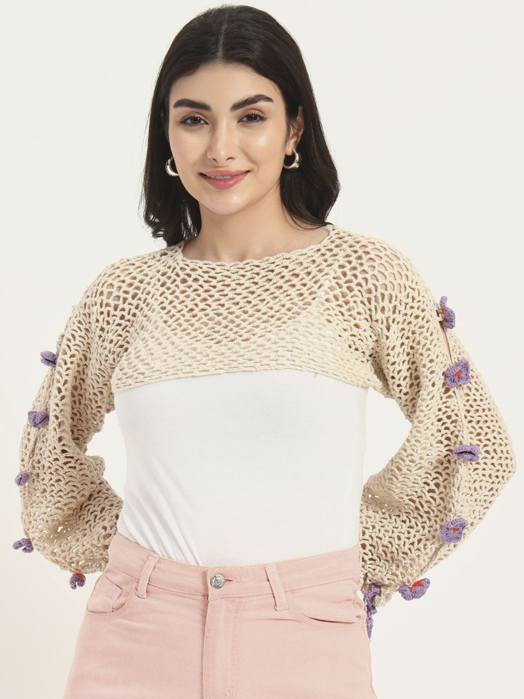 Sugercandy Women Self Design Embroidered Floral Crop Top