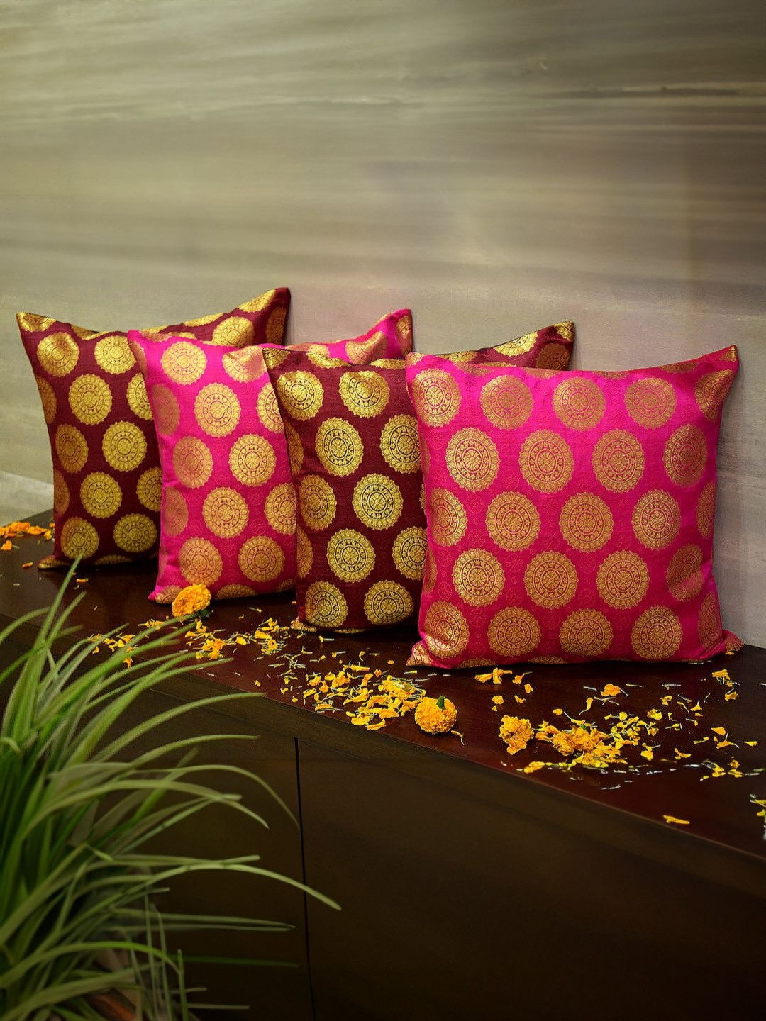 RoyalDeco Magenta & Beige 4 Pieces Ethnic Motifs Brocade Square Cushion Covers