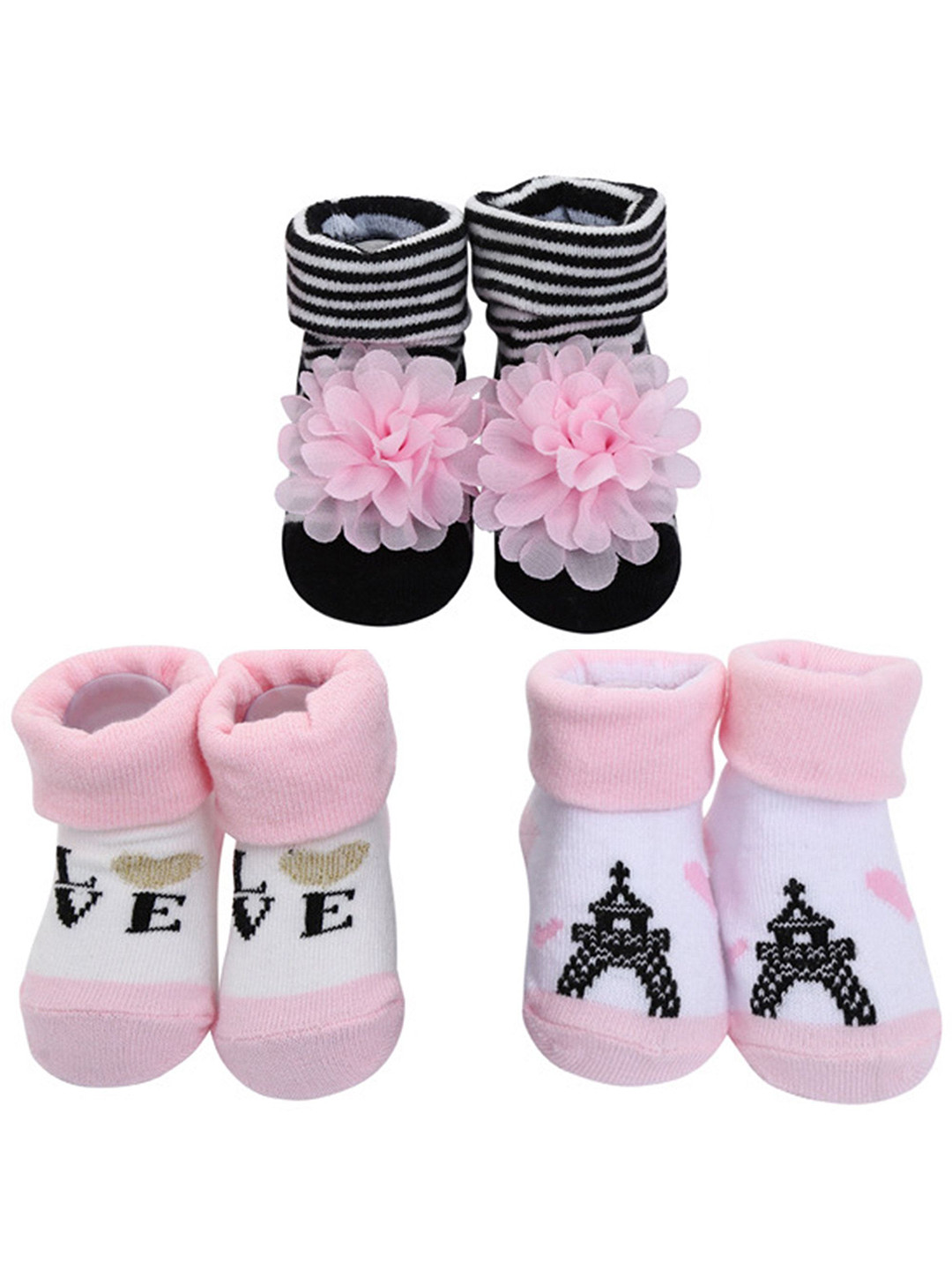 Babymoon Infants Pack Of 3 Printed Cotton Non-Skid Anti Slip Ankle-Length Socks