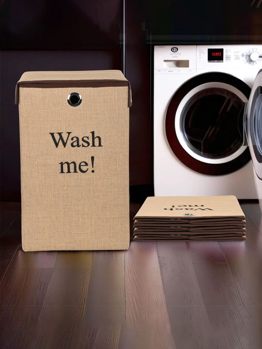 Aura 4Pcs Brown & Black Printed Jute Foldable Laundry Bags With Lid & Ring - 75 L Each