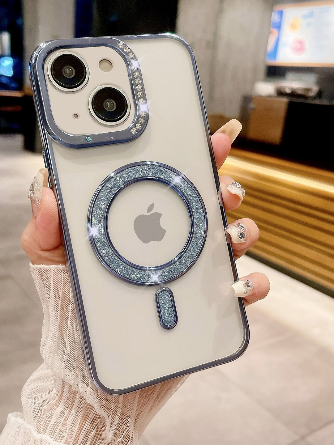 Luxury Kase Silicone Transparent Back Case for iPhone 15 with Shimmer MagSafe Ring