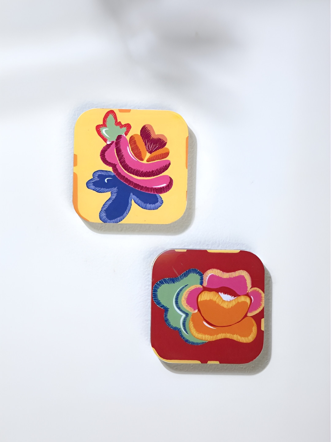 FREEDOM TREE Set Of 4 Red & Yellow Floral Printed Square Wooden Coasters