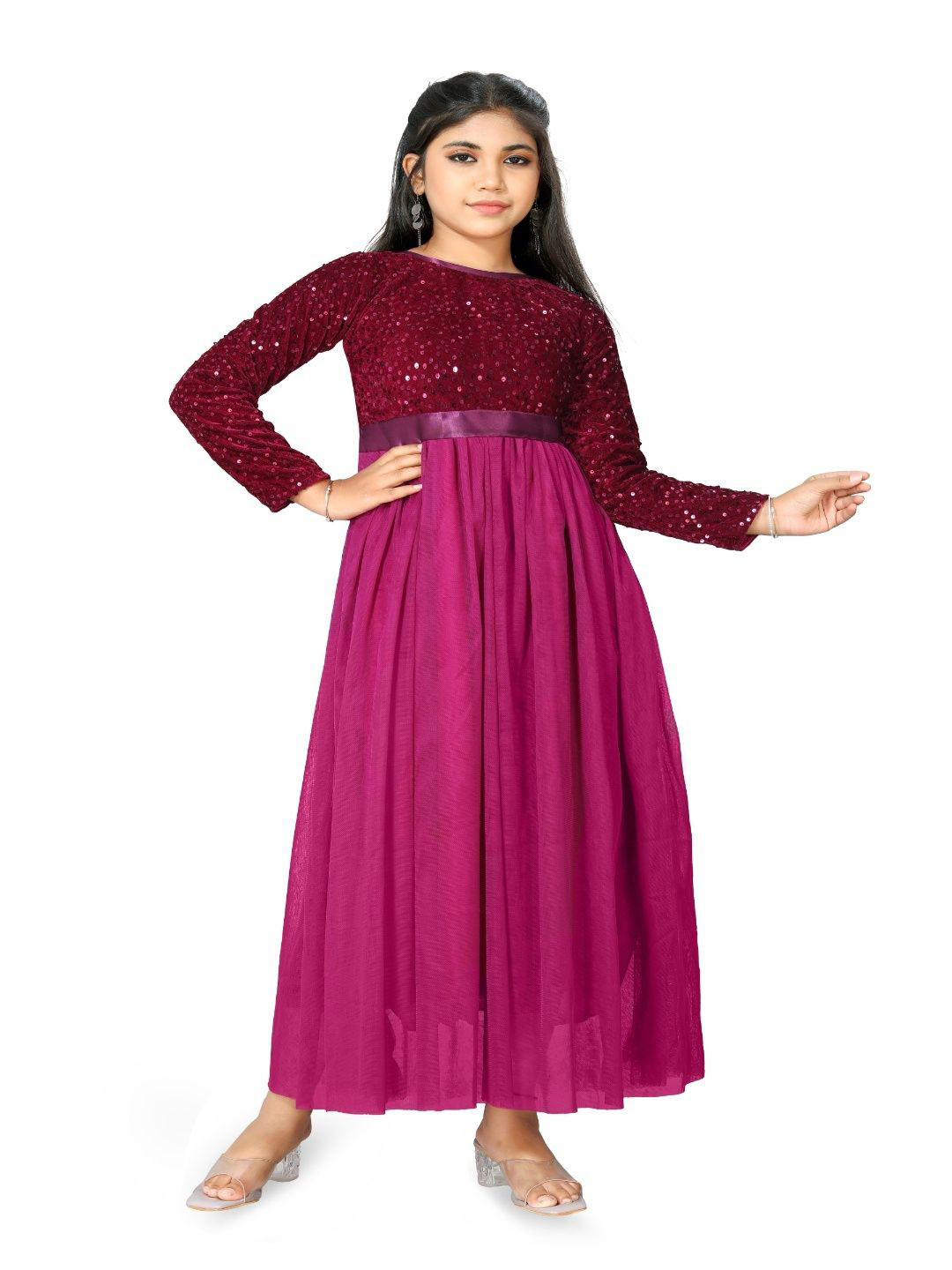 Vani Enterprise Girls Self Design Solid Fit & Flare Maxi Dress