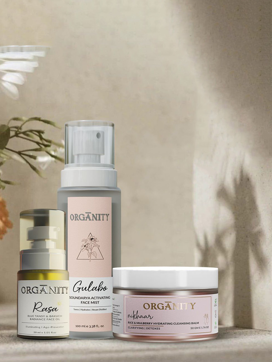 Organity Set Of 3 Rasa Face Oil With Nikhaar Cleansing Balm & Gulabo Face Mist