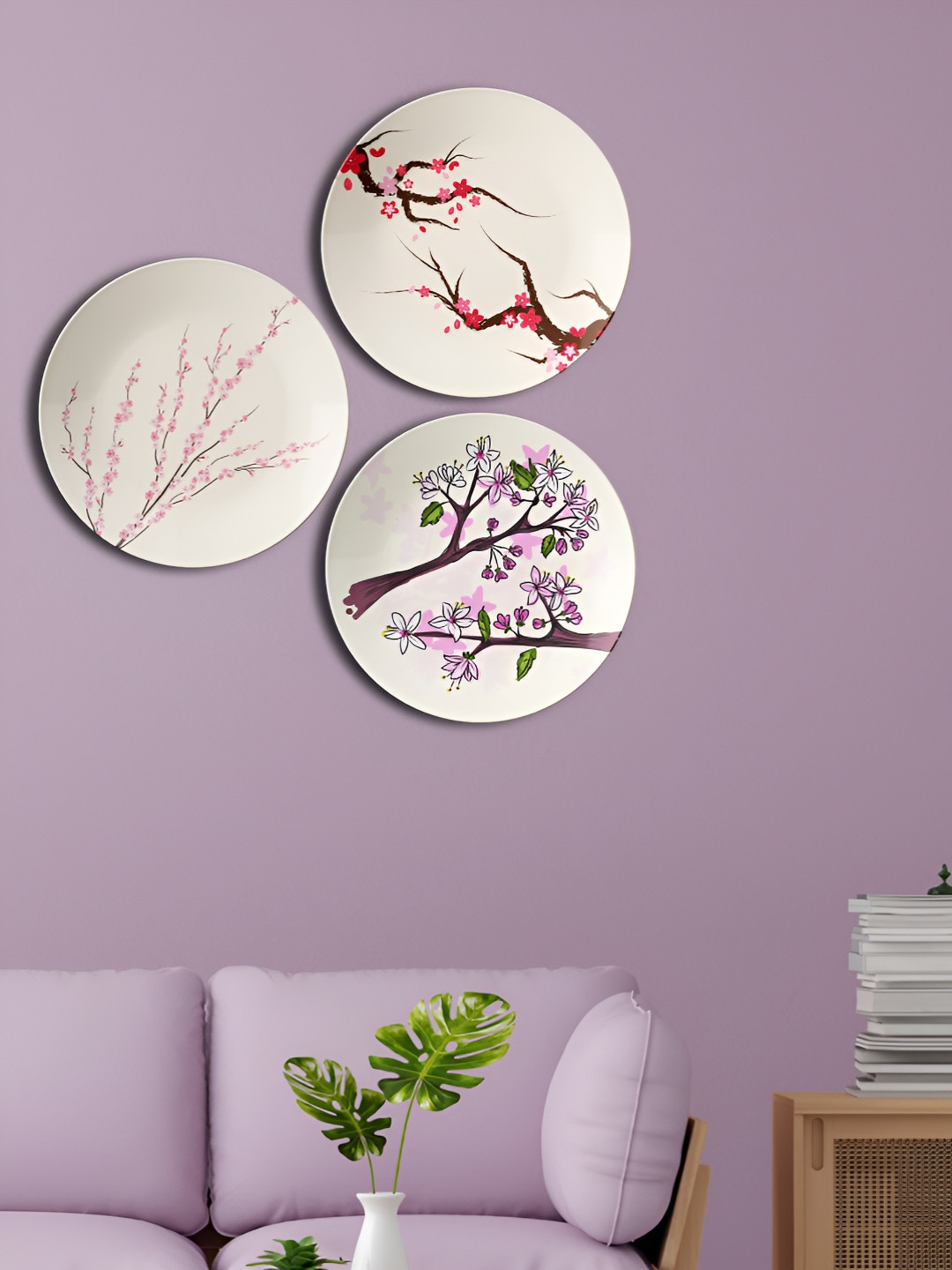 THE QUIRKY HOME Japanese-Inspired Cherry Blossom Art Ceramic Glossy 3Pcs Wall Plates-10In