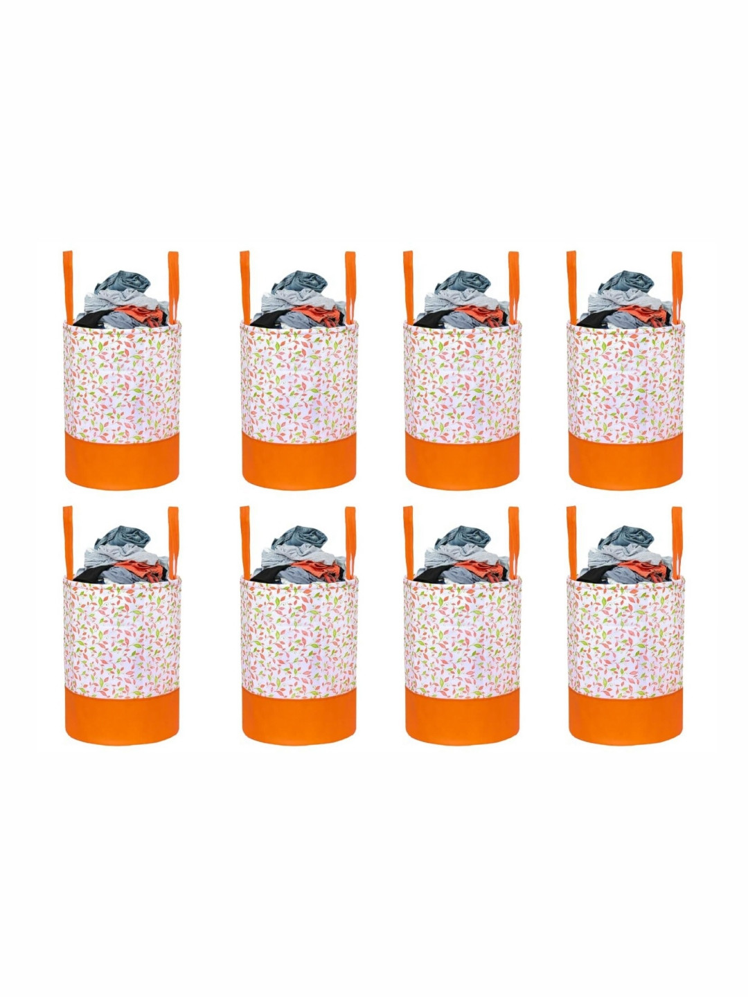 Fashion Throw 8Pcs Orange-Colored & White Floral Printed Foldable Laundry Bags - 45 L Each