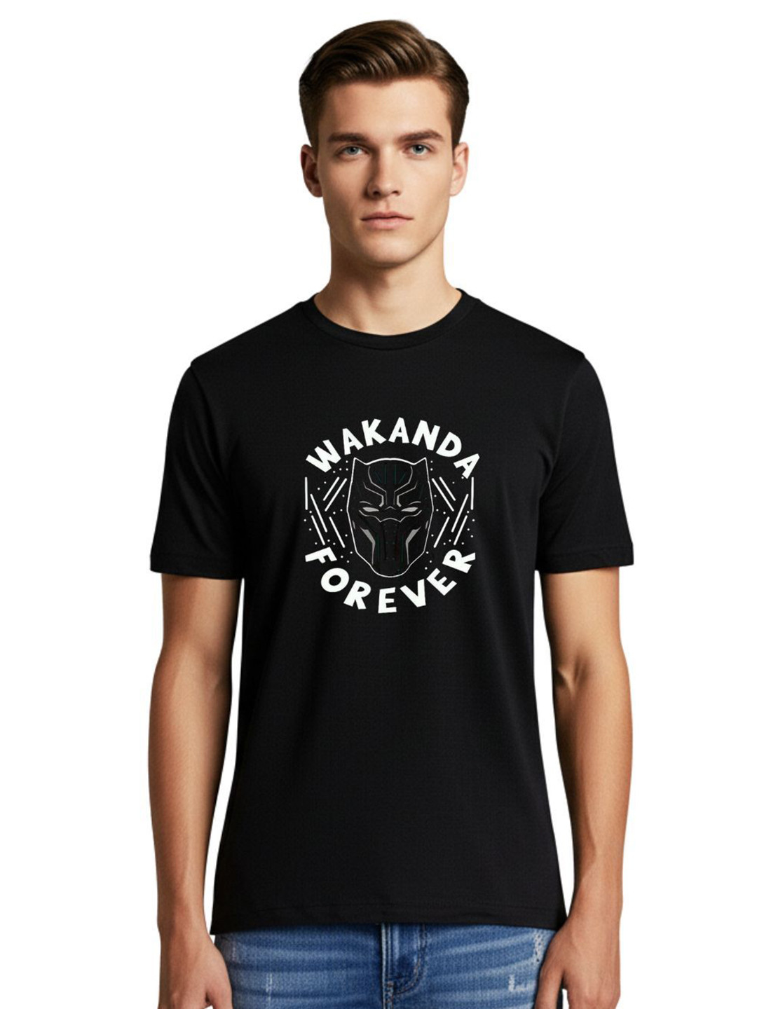 PULP Men Black Panther Graphic Printed Round Neck Cotton T-shirt