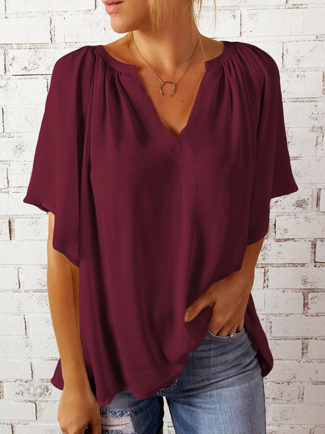 Maroon V-Neck Short Sleeve Boxy Top