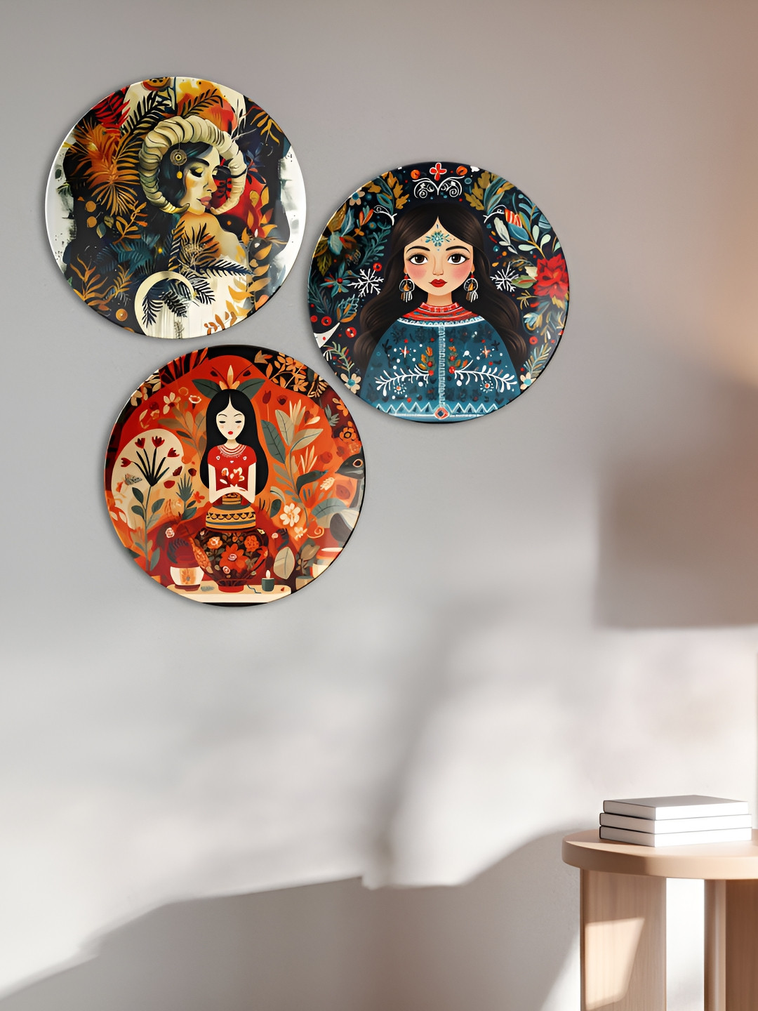 THE QUIRKY HOME Floral and Mandala Designs Ceramic Bohemian Glossy 3Pcs Wall Plates-10In