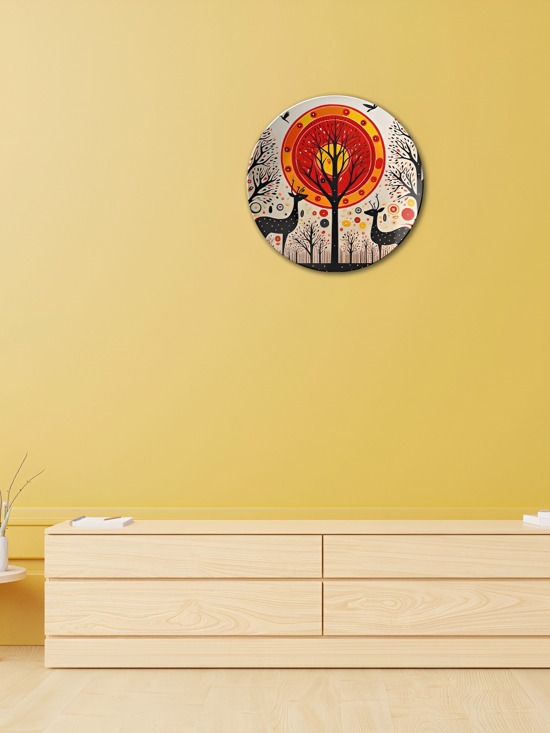 THE QUIRKY HOME Sunset Deer Forest Crafted Ceramics Glossy Hanging Hall Wall Plates-10In