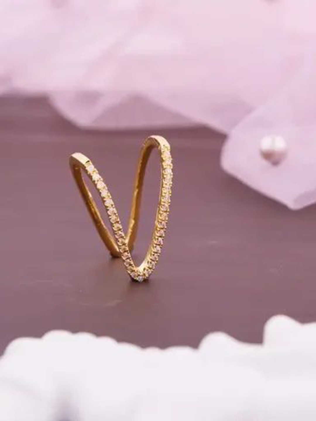 GC PREMIUM JEWELLERY Rose Gold-Plated Zircon-Studded Double Band Finger Ring