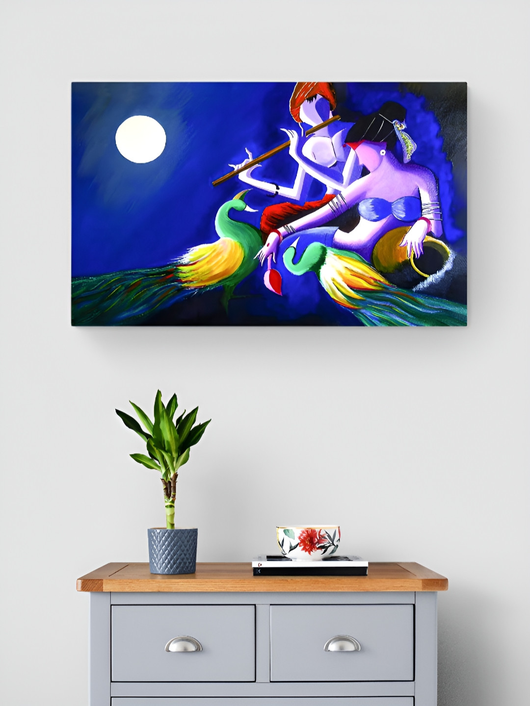 Tushaco Handicrafts Blue & White Radha Krishna Canvas Wall Art