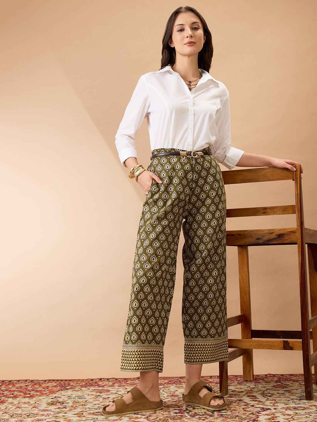 Globus Ethnic Print Mid-Rise Straight Fit Fusion Trousers