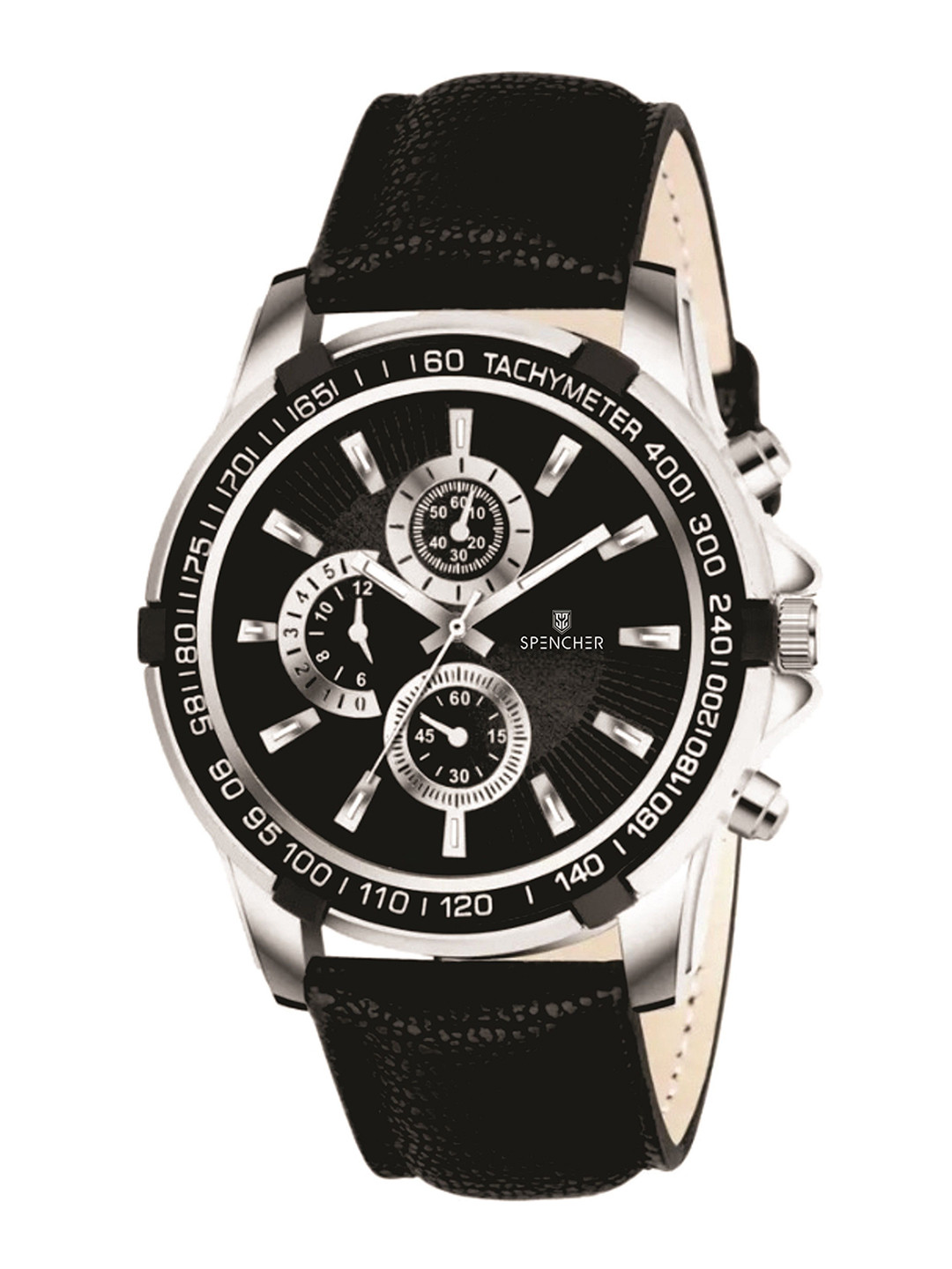 SPENCHER Men Leather Straps Analogue Watch SW New Non Chrono Full Black 3122