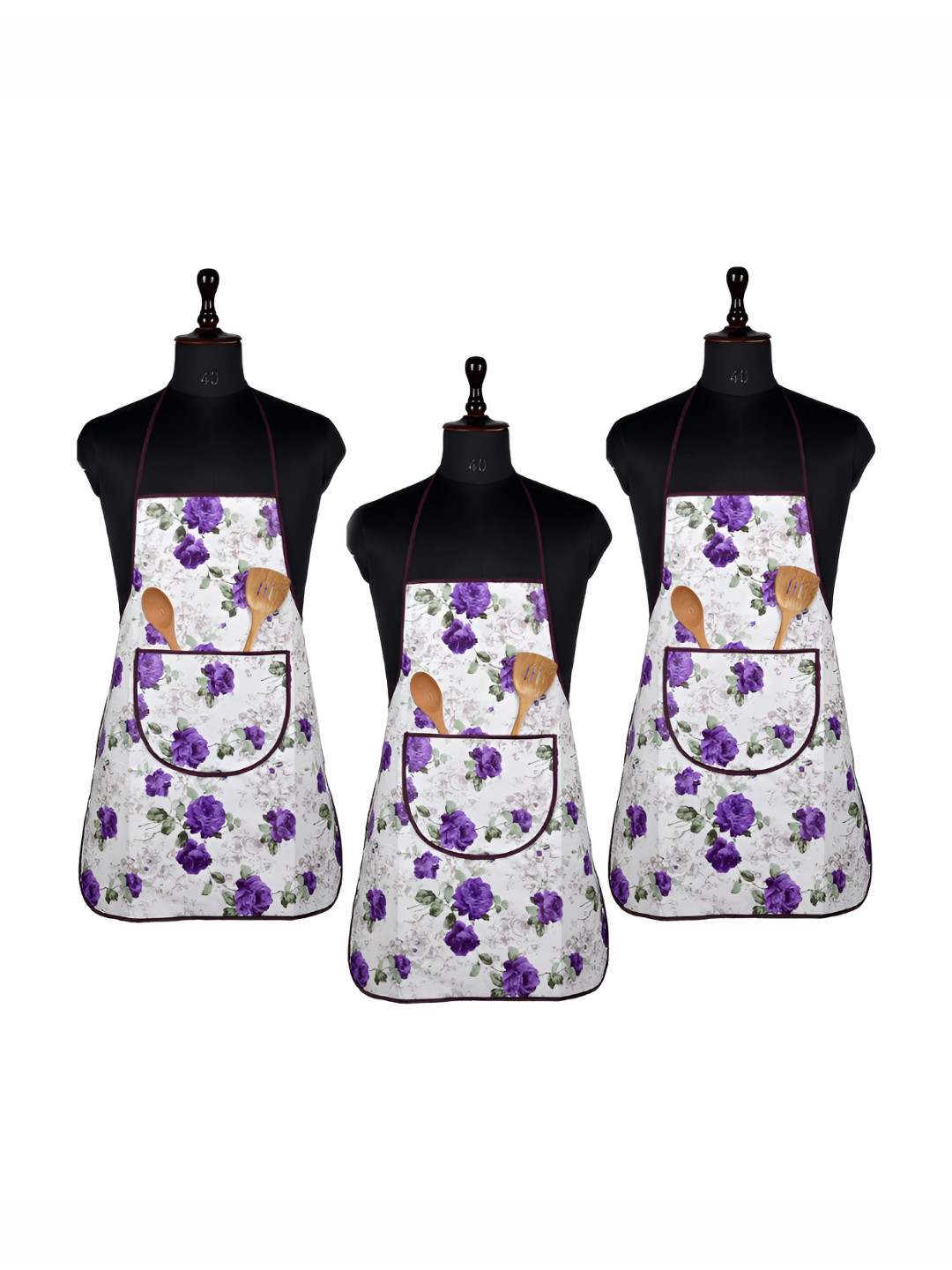 Aura Pack Of 3 Purple & White Printed Waterproof Aprons With Front Pocket