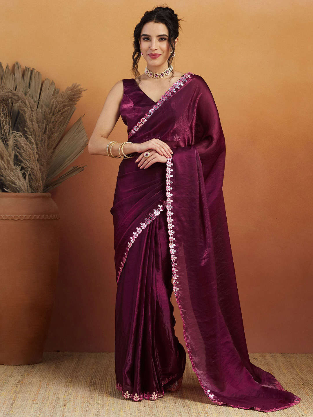 RACHNA Mirror Work Embellished Border Satin Tissue Saree