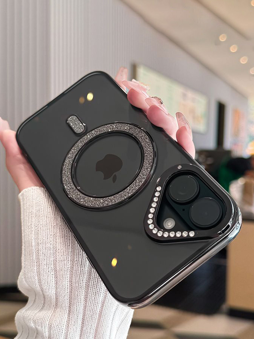 Luxury Kase Silicone Transparent Back Case for iPhone 16 Plus with Shimmer MagSafe Ring