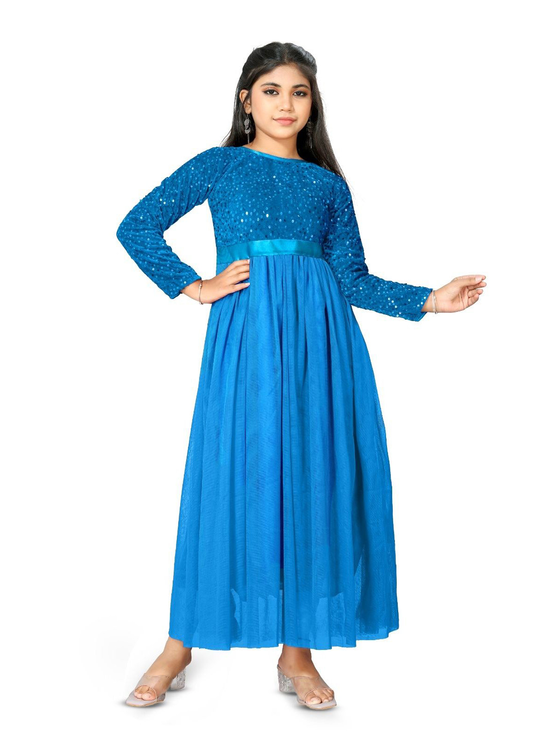 DP FABRICS NatashaN Girls Self Design Round Neck Sequinned Fit & Flare Maxi Dress