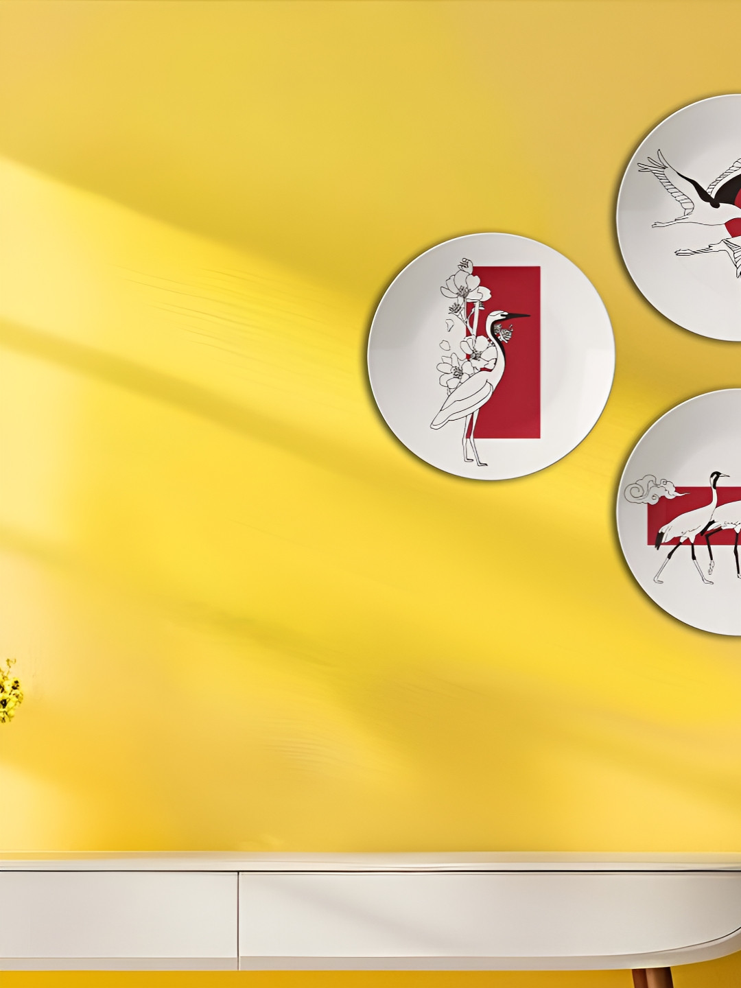 THE QUIRKY HOME Japanese Crane Ceramic Ethnic Motifs Glossy Hall 3Pcs Wall Plates-9.8In