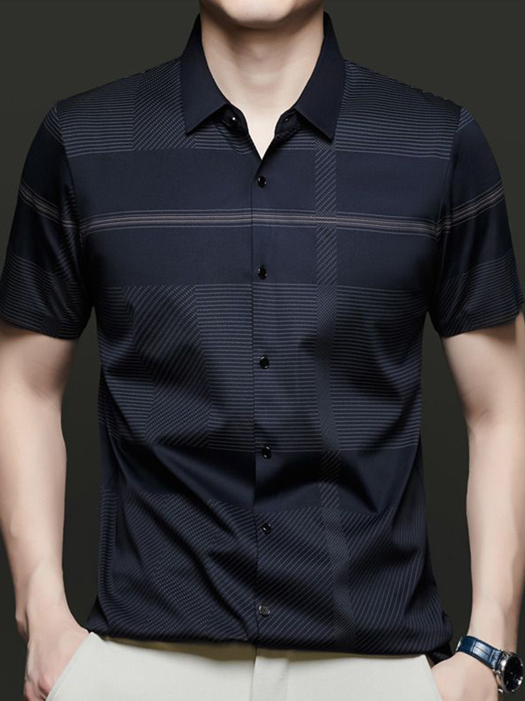 Navy Blue Geometric Patterned Regular Fit Casual Shirt