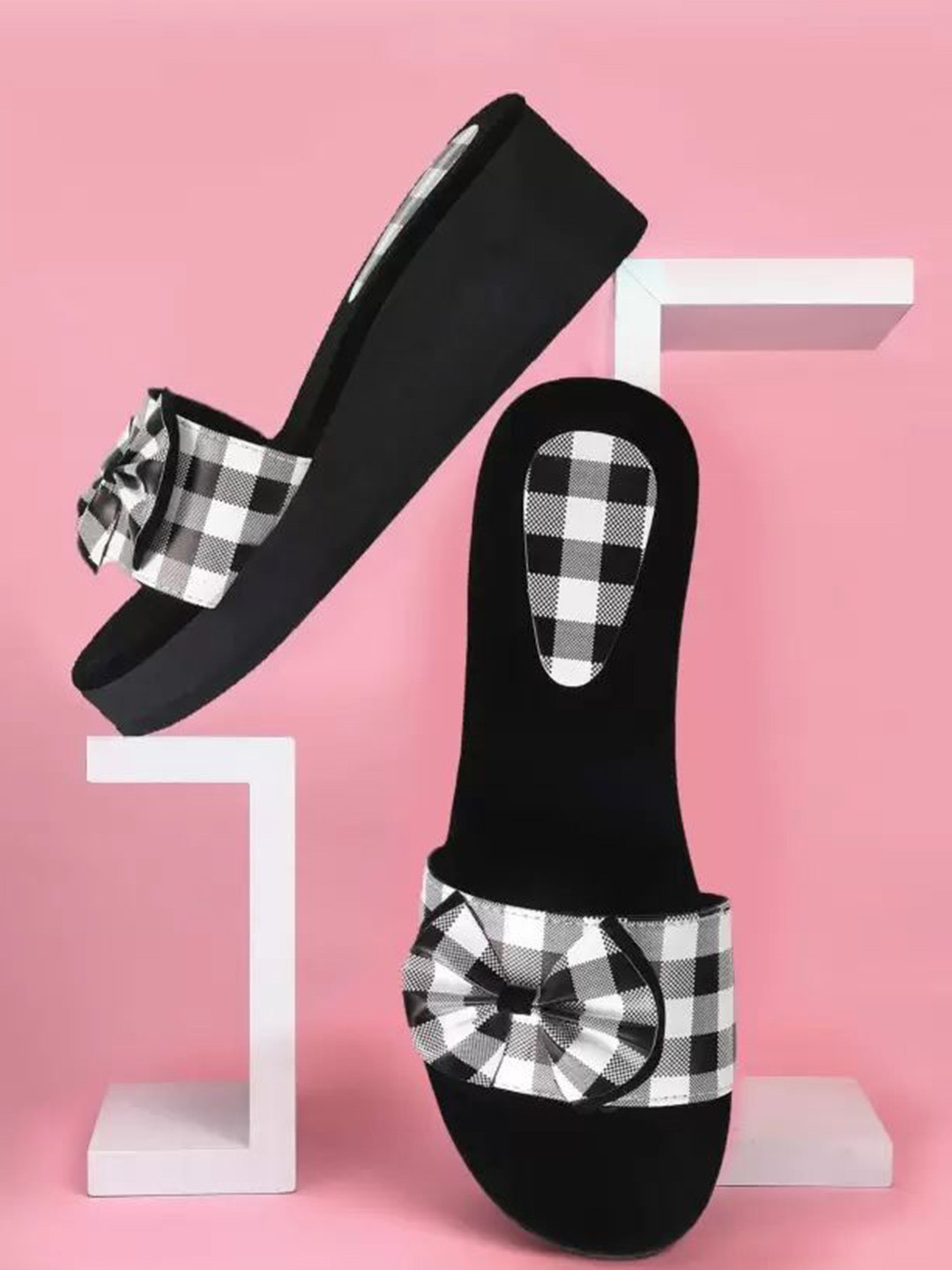 FEENS Checked Wedge Heel Sandals with Bows