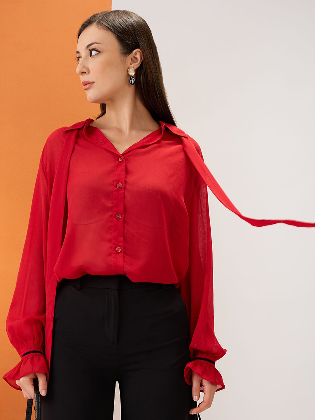 Globus Collared Neck Tie Detail Bishop Sleeves Chiffon Oversized Party Shirt