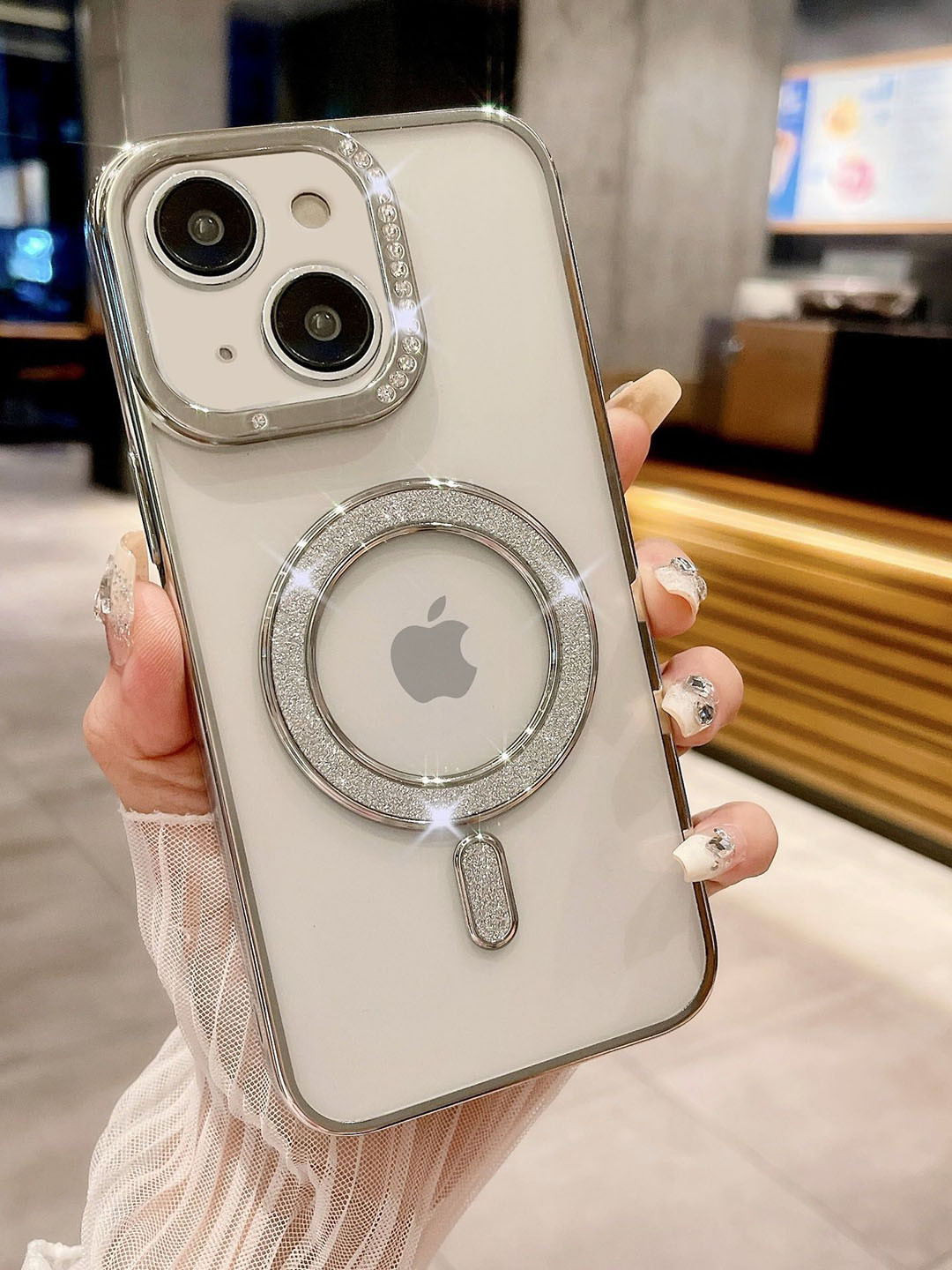 Luxury Kase Silicone Transparent Back Case for iPhone 15 with Shimmer MagSafe Ring